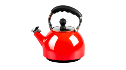 Red tea kettle with black handle, isolated, cut out transparent