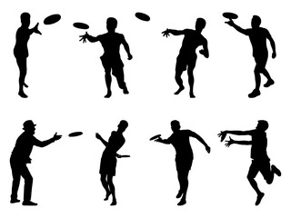 Set of Disc Golf Players Silhouette in various poses isolated on white background