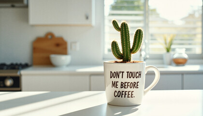 Cactus in coffee mug with quote on kitchen countertop in sunlight  