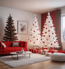 Modern living room, red accents, minimalist white Christmas tree, simple ornaments , christmas interior, minimalist, home decor