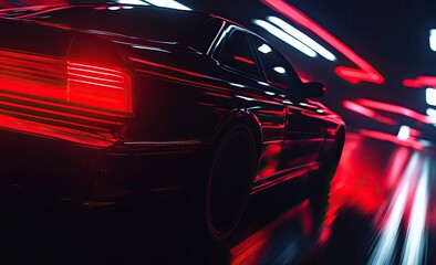 Dark, sleek car.  Red neon tunnel