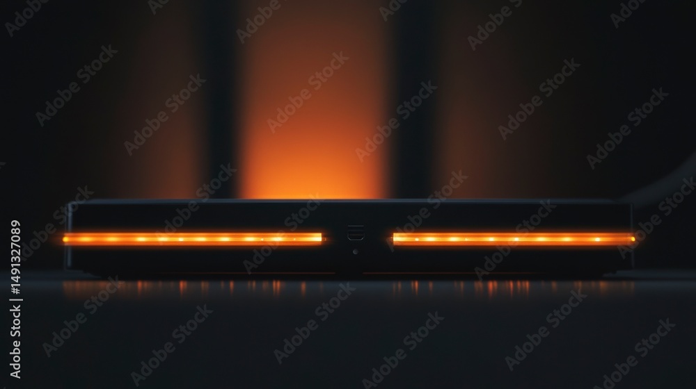 Poster close-up of a dark rectangular device with orange lights illuminating the edges, sitting on a dark s