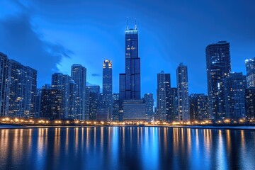 Obraz premium Chicago skyline at twilight. A stunning cityscape, reflecting vibrant lights in a serene lake, with modern skyscrapers under a pale blue sky