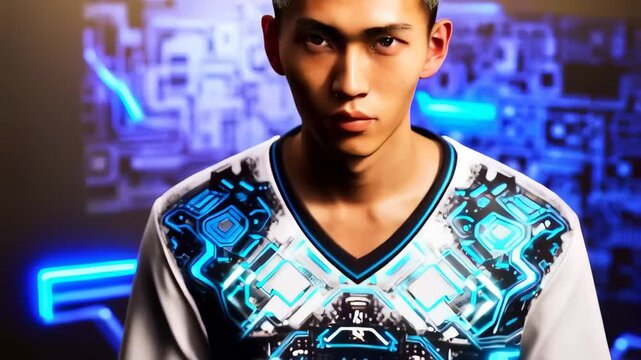 Stylish young asian gamer with silver undercut in futuristic jersey stares confidently into camera against tech-glow background with neon blue circuit graphics. Concept of esports and digital identity