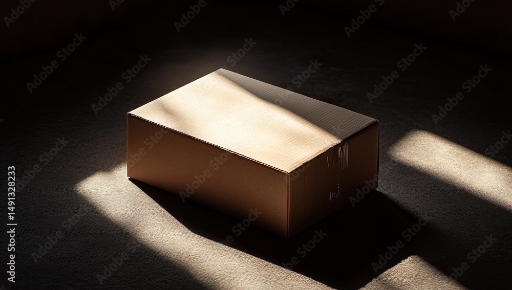 Poster a tan cardboard box sits on a dark surface, illuminated by streaks of sunlight from a unseen window.