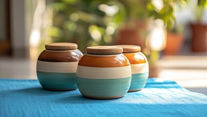 Three ceramic jars, striped with brown, orange, and teal colors, sit on a light teal tablecloth