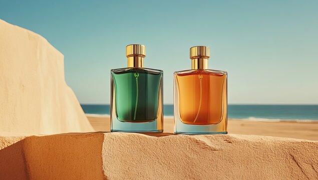 Two perfume bottles, teal and amber, sit on a sandy beach