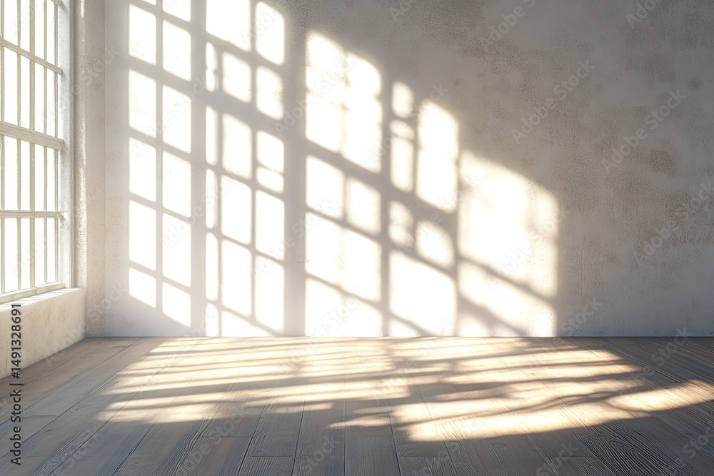 Poster sunlight streams through a large window, casting a gridded pattern of shadows on a textured wall and