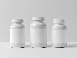 Three blank white medicine bottles of varying sizes