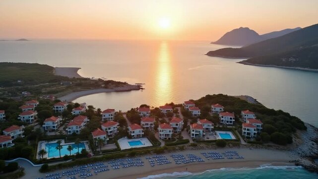Aerial scene of resort and sea at sunset Trikorfo Beach, Greece