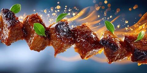 Delicious Juicy Grilled Meat Skewers with Fresh Herbs on Fire Flames Background Gourmet Barbecue Food for Restaurant Menu Culinary Cooking and BBQ Party Delicious Meal
