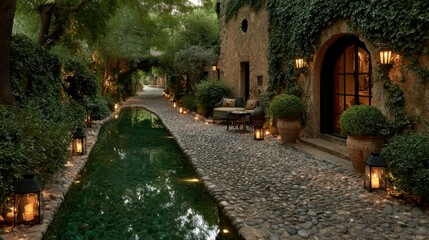 Fototapeta premium Enchanting Garden Pathway with Luminous Lanterns and Serene Water Feature