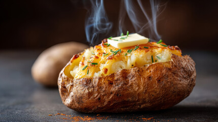 Delicious golden baked potato with melting butter and steam rising