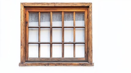 Rustic wooden window with gridded panes on white wall.