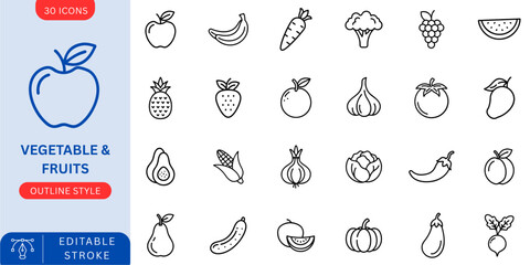 Healthy fruits and vegetables line icons for food, diet, and wellness.