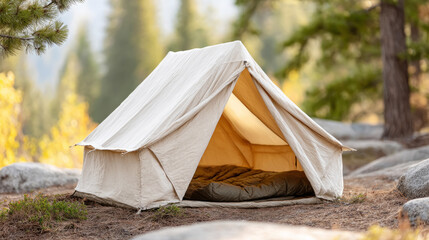 Cozy tent in forested campsite with bright sunlight and greenery