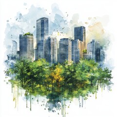Obraz premium Tranquil Cityscape Watercolor Painting Green Trees and Modern High Rises