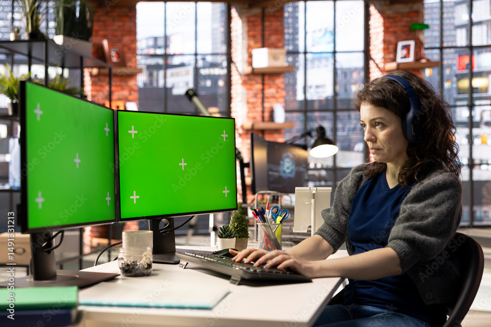 Poster digital media professional works with isolated copy space at an agency, using smart workstation with
