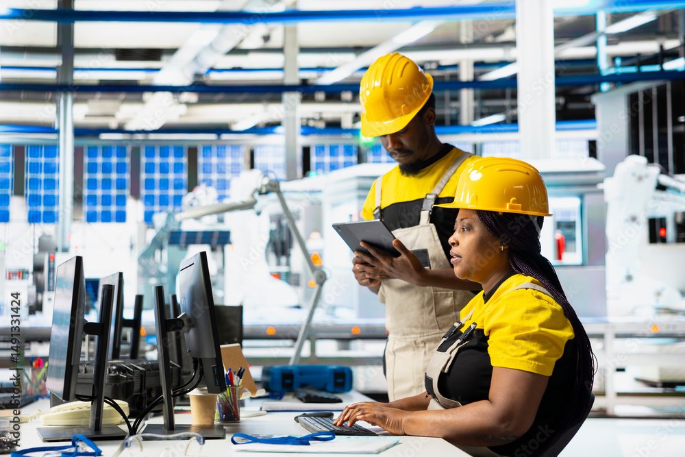 Poster black team of manufacturing plant employees fixing errors and debugging technical issues, working to