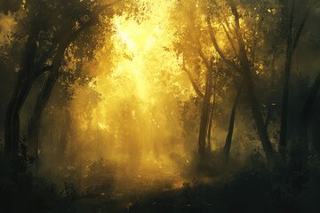 Fototapeta premium Golden light filters through misty forest