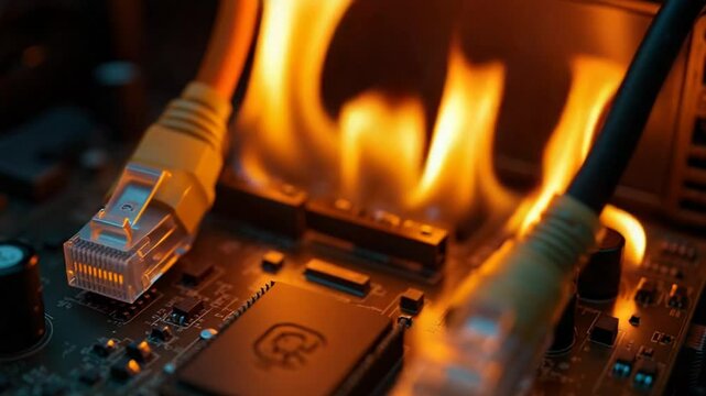 A computer motherboard on fire with ethernet cables on it