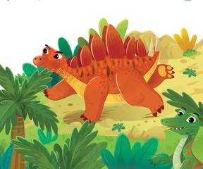 Fototapeten cartoon dinosaur land scene with animal dino in the jungle illustration for the children © honeyflavour