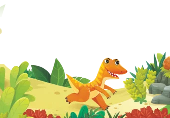 Fototapeten cartoon dinosaur land scene with animal dino in the jungle illustration for the children © honeyflavour