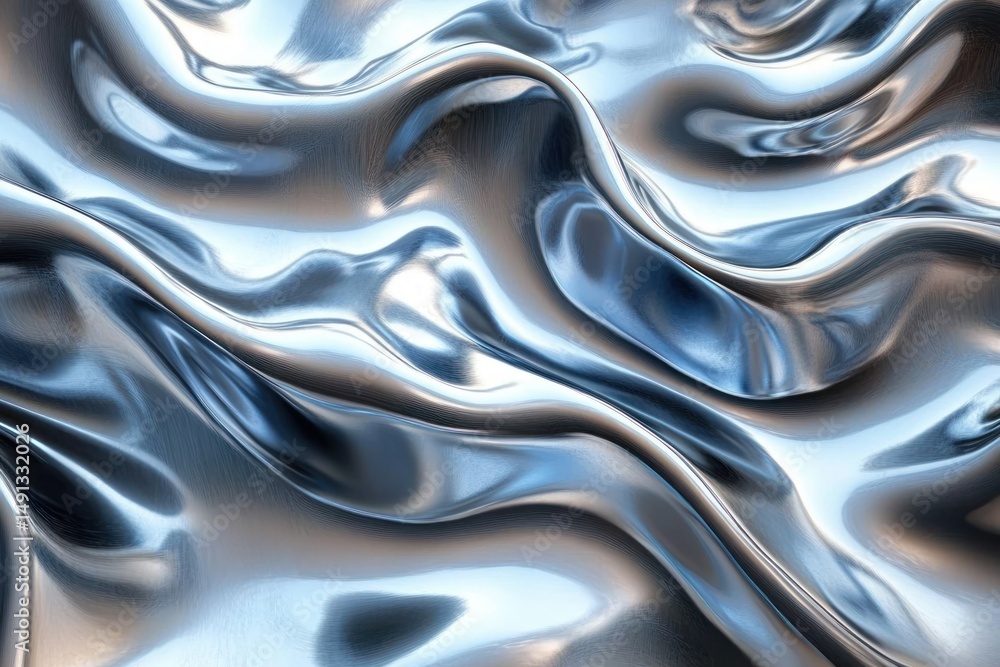 Poster smooth flowing metallic surface with reflective light patterns creating fluid, wave-like textures in