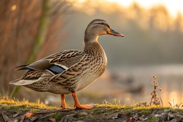 Fototapeta premium Female mallard duck at sunset golden hour wildlife