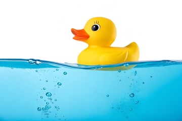 Yellow rubber duck floating in blue water bath toy