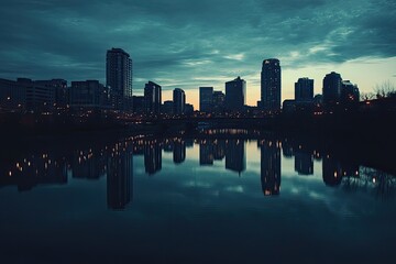 City skyline reflected in tranquil water at twilight