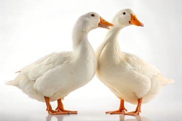 Obraz premium Two white ducks standing together isolated on white background