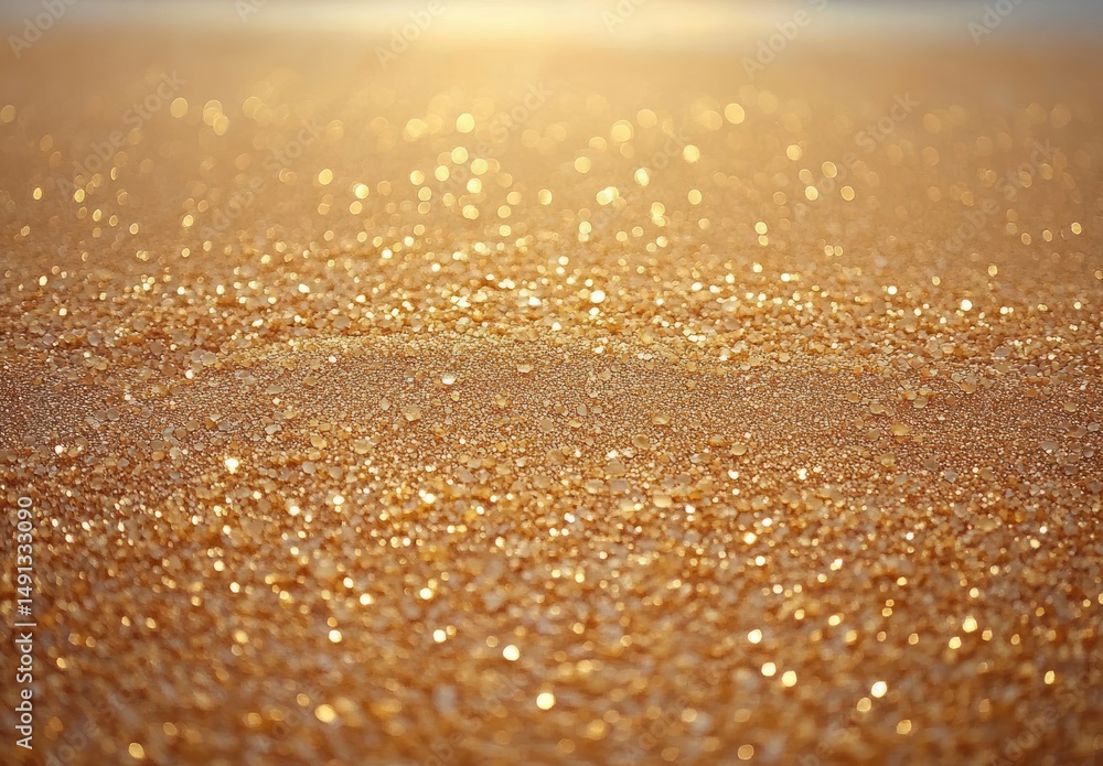 Poster close-up view of golden glittering particles reflecting warm light creating a sparkling and radiant 