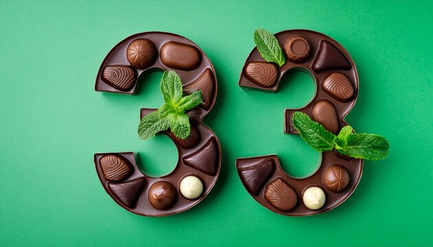 number 33 shaped with assorted chocolates and mint leaves on green background