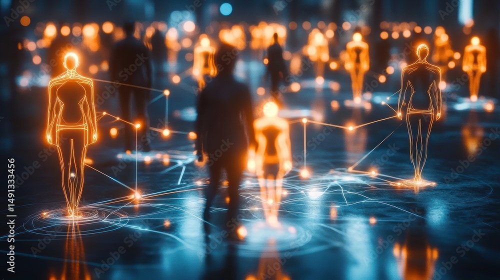 Aufkleber glowing human-like figures connected by light lines in a digital network environment with a high-tec