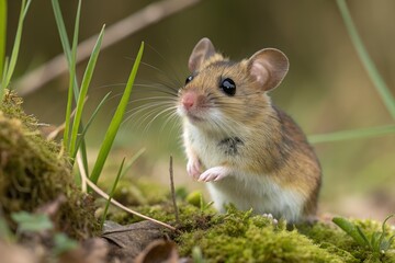 Adorable harvest mouse in green mossy habitat