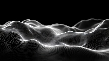 Abstract digital wave landscape composed of glowing white dots on black background evoking futuristic and technological atmosphere