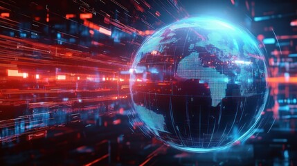 Fototapeta premium Digital glowing globe with data streams and network connections symbolizing technology and global communication in a futuristic setting