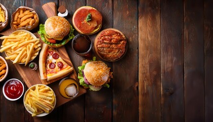 various unhealthy fast foods on a wooden table top view burgers fries pizza and soda indulgent feast copy space