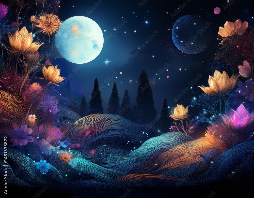 Wall mural an abstract illustrated background with the moon and night sky and flowers generative ai
