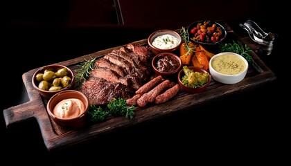 roasted meat platter with side dishes on dark wooden board
