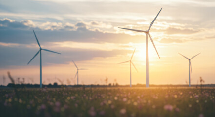 Landscape with several wind turbines generating clean energy standing tall in a field. The sun is setting or rising on the horizon, casting a warm glow across the scene.