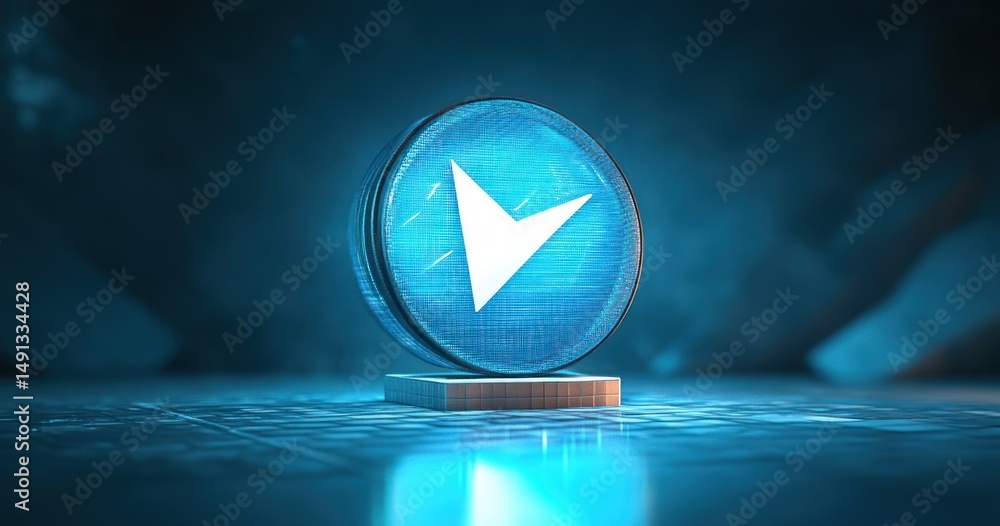 Poster glowing blue circular geometric object with a white arrow-shaped design illuminated in a dark futuri