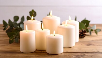 Lit Candles with Eucalyptus, and Wood Table.