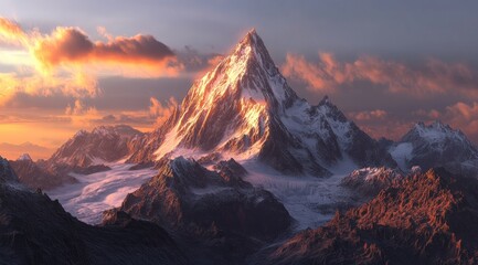 Fototapeta premium Majestic snow-capped peak at sunset, clouds surround