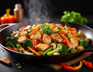 a delicious stir fry dish with tender chicken slices colorful vegetables and aromatic herbs on a sizzling hot pan