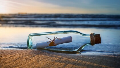 a clear glass bottle washed up on the shore with a rolled message inside