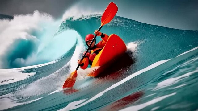 Kayaker Conquering the Waves: A skilled kayaker fearlessly navigates a colossal wave.