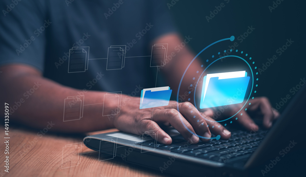 Aufkleber Document management system or DMS, Managing corporate files. Businessman using laptop computer for manage information, Online documentation database and process to efficiently manage files.