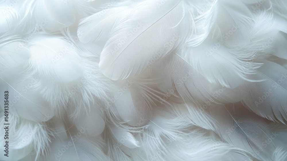 Poster close-up of numerous soft white feathers layered gently, creating a light and airy texture conveying